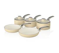 Swan SWPS5020CN Batería de Cocina Antiadherente, Cerámica, Incucción, 2 Sartenes 20/28 cm, 3 Cacerolas 16/18/20 cm, Crema, Metal, 29.5x47x18 cm, 5 Set
