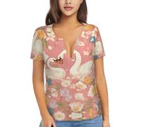 Swans in the Flowers - Camiseta con cuello en V profundo para mujer, ajuste holgado, NEGRO, XXL