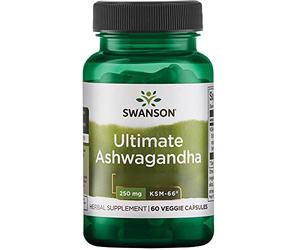 Swanson, Ultimate Ashwagandha (KSM-66® Extracto de Ashwagandha), 250mg, 60 Cápsulas vegetales, Probado en Laboratorio, Vegetariano, Sin Soja, Sin Gluten, No GMO