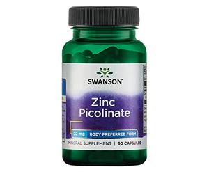 Swanson, Zinc Picolinate (Picolinato de Zinc), con 22mg de Zinc Elemental, 60 Cápsulas, Altamente Dosificadas, Probadas en Laboratorio, Sin Soja, Sin Gluten, no GMO