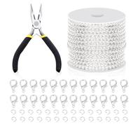 Swapeet 102 piezas de kit de cadena de joyería de 3 mm de plata, con anillos de salto, botones de langosta y pinzas de joyería, cadena de collar cadena de cable plano a granel