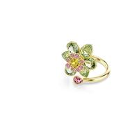 Swarovski Anillo Abierto Idyllia, Banda que se Enrosca Alrededor del Dedo con una Flor Central Elaborada con Cristales Verdes, Rosas y Amarillos, Tallas Mixtas, Flor, Baño Tono Oro, Verde