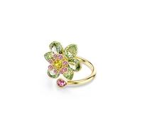 Swarovski Anillo Abierto Idyllia, Banda que se Enrosca Alrededor del Dedo con una Flor Central Elaborada con Cristales Verdes, Rosas y Amarillos, Tallas Mixtas, Flor, Baño Tono Oro, Verde