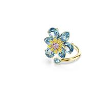 Swarovski Anillo abierto Idyllia, Tallas mixtas, Flor, Azul, Baño tono oro, Crystal, Zirconia cúbica