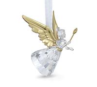 Swarovski Holiday Magic Decoración Ángel, Ángel de Cristal con Detalles Bañados en Tono Oro y Cinta de Rayón Blanco