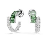 Swarovski Pendientes de Aro Matrix, Aros Bañados en Rodio y un Diseño Superpuesto con Swarovski Zirconia Transparentes y Verdes en Talla redonda y Talla baguette, Tallas mixtas, Baño de rodio, Verdes