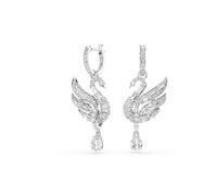 Swarovski Pendientes Swan, Cisne, Pendientes con el emblema de la marca, Aro mini en pavé, Talla de pera colgada de un aro en pavé de Crystal Pearls, Baño de rodio, Blancos