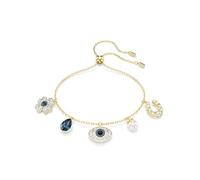 Swarovski Pulsera Symbolica, Perla de cristal, Trébol, ojo turco y herradura, Azul, Baño tono oro