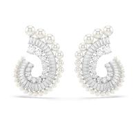Swarovski x Ariana Grande Pendientes, Cada pieza con una Espiral Abierta con Swarovski Zirconia en Talla Redonda y Talla Baguette, en el diseño Externo Crystal Pearls, Baño de rodio, Blancos
