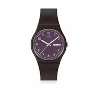 Swatch Reloj SO28C700 Analógico con Esfera Morada, Correa Marrón Oscuro, Indicador de Día y Fecha, Manecillas Luminosas