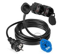 SWAWIS Alargador Enchufe IP44 3 m Alargador de Cables, 2 Schuko Cable de extensión 250 V / 16 A / 3500W para Hogar, Oficina, Interior o Exterior,Negro
