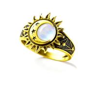SWBRJ Anillo de jade vintage, chapado en oro de 18 quilates, diseño bohemio de sol, luna y estrella, piedra preciosa redonda natural, para mujer, One Size, Plata de ley, Sin piedra preciosa