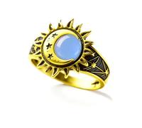 SWBRJ Anillo de jade vintage, chapado en oro de 18 quilates, diseño bohemio de sol, luna y estrella, piedra preciosa redonda natural, para mujer, One Size, Plata de ley, Sin piedra preciosa