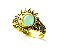 SWBRJ Anillo de jade vintage, chapado en oro de 18 quilates, diseño bohemio de sol, luna y estrella, piedra preciosa redonda natural, para mujer, One Size, Plata de ley, Sin piedra preciosa