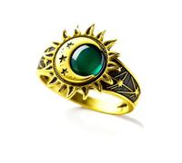 SWBRJ Anillo vintage chapado en oro de 18 quilates, joyería bohemia con diseño de sol, luna y estrella, piedra preciosa natural, forma redonda para mujer, One Size, Plata de ley, Sin piedra preciosa