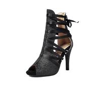 SWDZM Mujeres Glitter Fish Mouth Botas de Baile Latino Salsa Jazz Dance Sandalias con Correa,Talón-9.5cm,Negro,EU 42