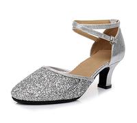 SWDZM Zapatos Baile Latino Mujer Cerrados Lentejuelas Salsa Profesionales Ballroom Pratice,Plateado,EU 38