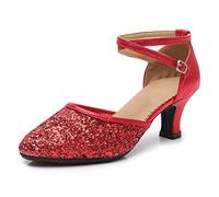SWDZM Zapatos Baile Latino Mujer Cerrados Lentejuelas Salsa Profesionales Ballroom Pratice,Rojo,EU 37