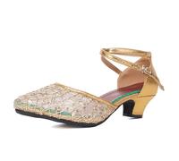 SWDZM Zapatos de Baile de Salón de Mujeres Zapatos de Baile de Salsa Latina de Rendimiento,Talón-3.5cm,Oro,EU 39