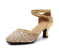 SWDZM Zapatos de Baile Latino Mujer Cerrados Lentejuelas Salsa Profesionales Ballroom Pratice,Oro,EU 36