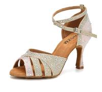 SWDZM Zapatos de Baile Latino Mujer Strass Salsa y Bachata Tacón Tango Profesional Sandalias Baile de Salon,L549,Rosa+Dorado,Tacón 7.5cm,Suela de Gamuza,EU 37, RE-YCL549