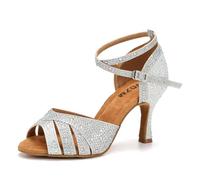 SWDZM Zapatos de Baile Latino Mujer Strass Salsa y Bachata Tacón Tango Profesional Sandalias Baile de Salon,Plateado,Tacón 7.5cm,37 EU