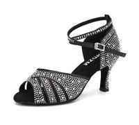 SWDZM Zapatos de Baile Latino Mujer Strass Salsa y Bachata Tacón Tango Profesional Sandalias Baile de Salon,Negro,Tacón 7.5cm,35 EU