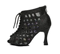 SWDZM Zapatos de Baile Latino para Mujer de Malla de Encaje con Cordones y Cremallera de SalónTango Baile Boda Tacón Alto Botas de Baile,Heel-6CM,Model-YCL436,Negro, 39 EU