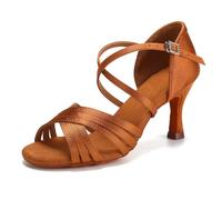 SWDZM Zapatos de Baile Latino para Mujer Salsa Tango Profesional Entrenamiento Zapatos de Baile de Salón,Marrón,Tacón 7cm,Suela de Gamuza,EU 37