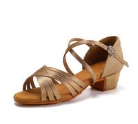 SWDZM Zapatos de Baile Latino para Niña Mujer Satén Salsa y Bachata Tacón Bajo de Salon,Beige Satén,Tacón 3.5cm,Suela de Ante,30 EU
