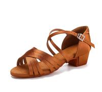 SWDZM Zapatos de Baile Latino para Niña Mujer Satén Salsa y Bachata Tacón Bajo de Salon,Marrón Satén,Tacón 3.5cm,Suela de Ante,28.5 EU
