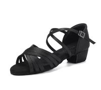 SWDZM Zapatos de Baile Latino para Niña Mujer Satén Salsa y Bachata Tacón Bajo de Salon,Negro Ante,Tacón 3.5cm,Suela de Ante,37 EU