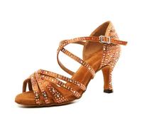 SWDZM Zapatos de Baile Mujer Salsa y Bachata Latino para Mujer Punta Abierta Practice Tango Zapatos Brillantes,Marrón,EU 40