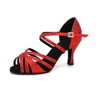 SWDZM Zapatos de Baile Mujer Salsa y Bachata Latino para Mujer Punta Abierta Practice Tango Zapatos Brillantes,Rojo,EU 39