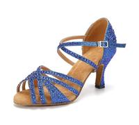 SWDZM Zapatos de Baile Mujer Salsa y Bachata Latino para Mujer Punta Abierta Practice Tango Zapatos Brillantes,Azul-GLT,EU 40