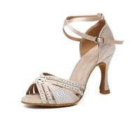 SWDZM Zapatos de Baile Mujer Salsa y Bachata Latino Rhinestone Open Toe Salón de Práctica,Talón-9cm,Beige,EU 37.5