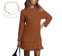 Sweater Dress with Pleated Skirt,Women Crewneck Cable Knit Sweaters Mini Dress,Long Sleeve Sweaterdress (Dark Brown,XL)