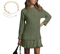 Sweater Dress with Pleated Skirt,Women Crewneck Cable Knit Sweaters Mini Dress,Long Sleeve Sweaterdress (Green,3XL)