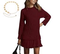Sweater Dress with Pleated Skirt,Women Crewneck Cable Knit Sweaters Mini Dress,Long Sleeve Sweaterdress (Wine Red,L)