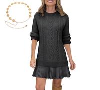 Sweater Dress with Pleated Skirt,Women Crewneck Cable Knit Sweaters Mini Dress,Long Sleeve Sweaterdress (Black,S)