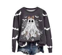 Sweater Halloween Mujer Invierno Sudadera Cuello Redondo Manga Larga Sudadera de Halloween Otoño Ropa Deportiva Impreso Halloween Jersey Oversize Cute Blusa Tops Gran Tamaño Amplio, Dark Gray, L