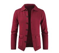 Sweater Hombre Color Sólido Casual Cardigan Hombre Manga Larga con Botones Punto Hombre Moda con Doble Bolsillo Solapa Cardigan Suéter Hombre C-Red L