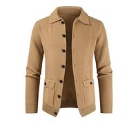 Sweater Hombre Color Sólido Casual Cardigan Hombre Manga Larga con Botones Punto Hombre Moda con Doble Bolsillo Solapa Cardigan Suéter Hombre B-Khaki L