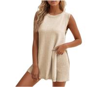 Sweater Set, Tunic Matching Set, 2024 Summer Sleeveless Sweater Sets Women 2 Piece Clothing Tops and Shorts, Women's Summer Knit Sweater Set Sleeveless (L,Beige)