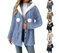 Sweaters Cardigans for Women Hooded Knit Long Sleeve Coats Fashion Button Down Jackets Warm Outerwear with Fuzzy Ball