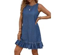 SweatyRocks Vestido vaquero para mujer, vestido de verano midi con dobladillo de volantes, túnica, vestido de verano, vaquero, vestido de playa, trajes de verano, azul, XS