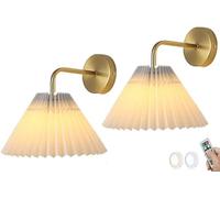 SweAtz Juego de 2 apliques de pared que funcionan con pilas con pantallas de tela, luces de pared inalámbricas doradas para niños para dormitorio, lámpara de pared inalámbrica con batería con contr