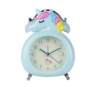 SWECOMZE Despertador de unicornio para niñas y niños, decoración de dormitorio, sin tic-tac, silencioso, con luz de fondo, doble campana, para niños (azul)
