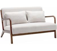 sweeek Banco de 2 plazas en madera de hevea y tela borreguito, crema