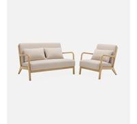 swe anqueta de 2 plazas + sillón de Tela Beige y Madera Beige - 124x83x77 cm